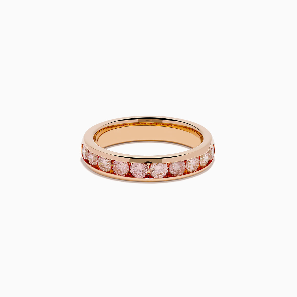 The Lab Grown Pink Diamond Channel Set Band in 14K Rose Gold features a row of round lab grown pink diamonds set in a channel band, shown against a plain white background.