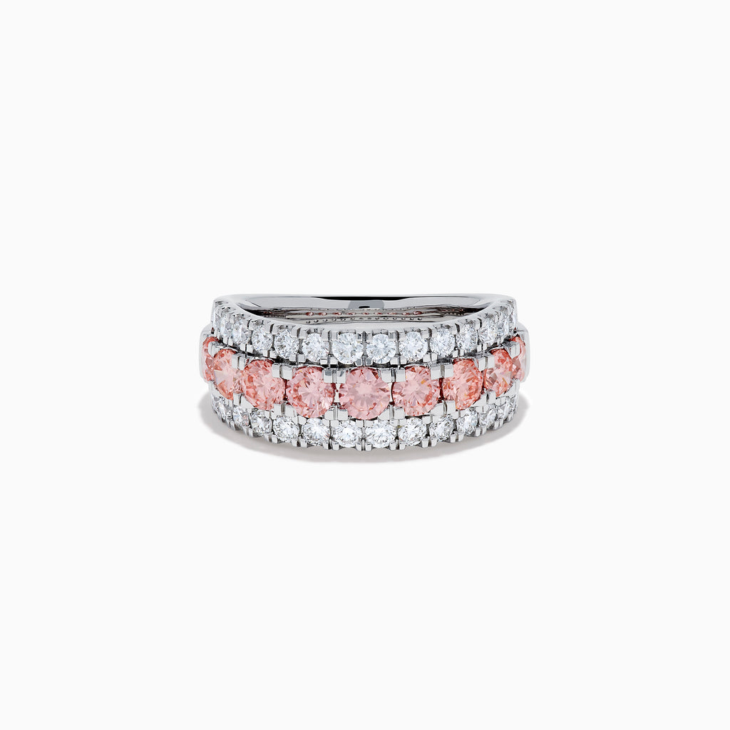 The Lab Grown Pink and White Diamond Wide Band Ring in 14K White Gold features a central row of pink gemstones bordered by sparkling white diamonds on a wide, polished band, beautifully set against a white background.