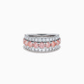The Lab Grown Pink and White Diamond Wide Band Ring in 14K White Gold features a central row of pink gemstones bordered by sparkling white diamonds on a wide, polished band, beautifully set against a white background.