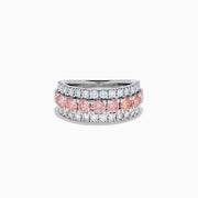 The Lab Grown Pink and White Diamond Wide Band Ring in 14K White Gold features a central row of pink gemstones bordered by sparkling white diamonds on a wide, polished band, beautifully set against a white background.