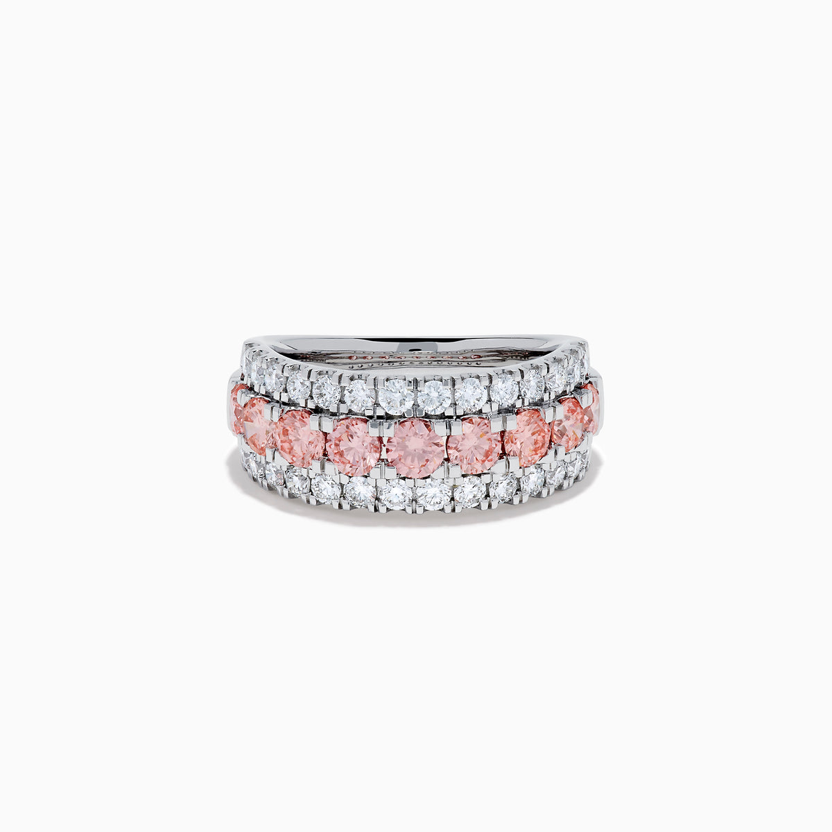 The Lab Grown Pink and White Diamond Wide Band Ring in 14K White Gold features a central row of pink gemstones bordered by sparkling white diamonds on a wide, polished band, beautifully set against a white background.