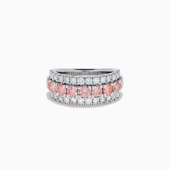 The Lab Grown Pink and White Diamond Wide Band Ring in 14K White Gold features a central row of pink gemstones bordered by sparkling white diamonds on a wide, polished band, beautifully set against a white background.