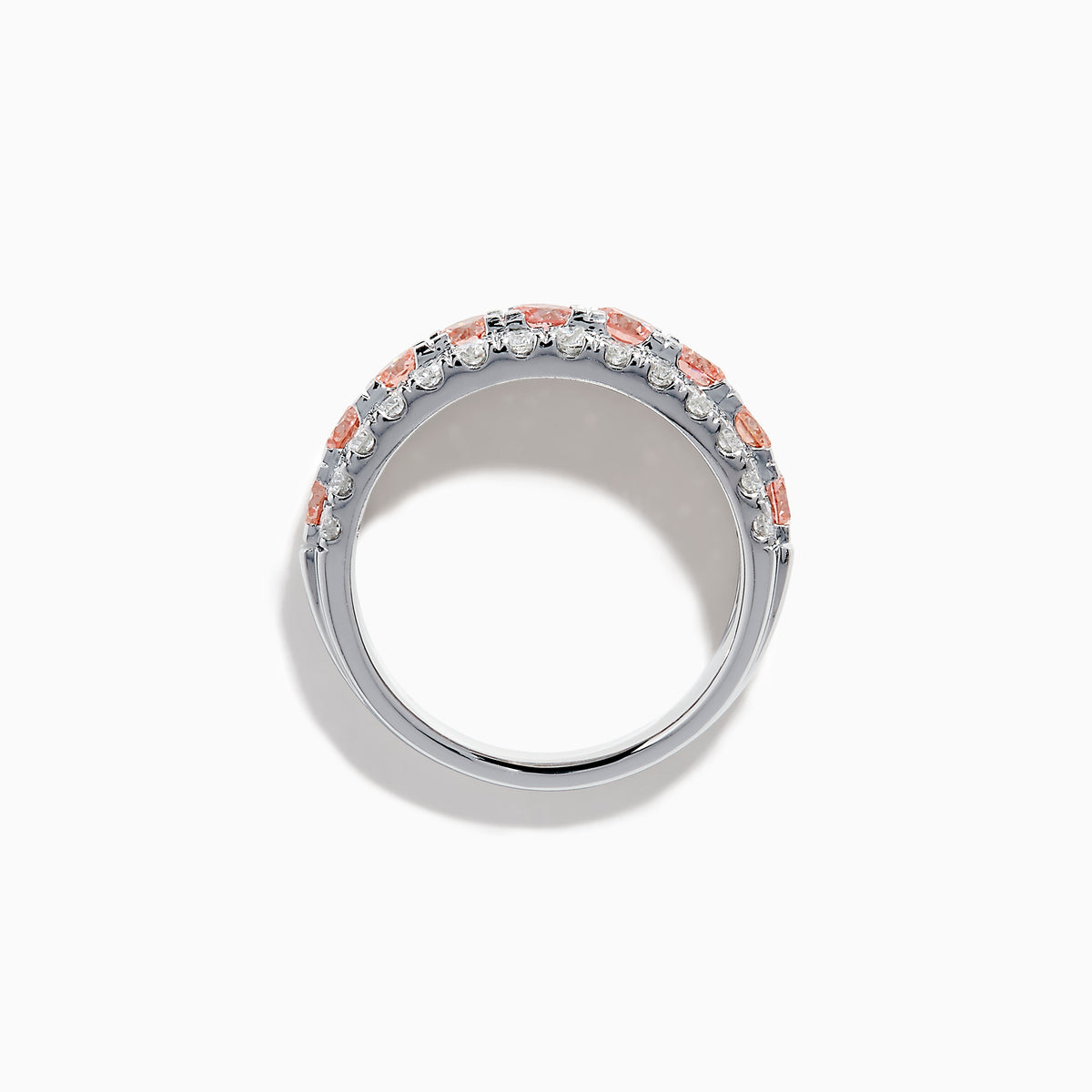 The Lab Grown Pink and White Diamond Wide Band Ring in 14K White Gold features a central row of pink gemstones bordered by sparkling white diamonds on a wide, polished band, beautifully set against a white background.