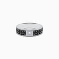 The 14K White Gold Mens Black and White Diamond Ring features a 1.15 TCW square white diamond center, accented by small round black stones along the silver band for a bold black-and-white contrast.