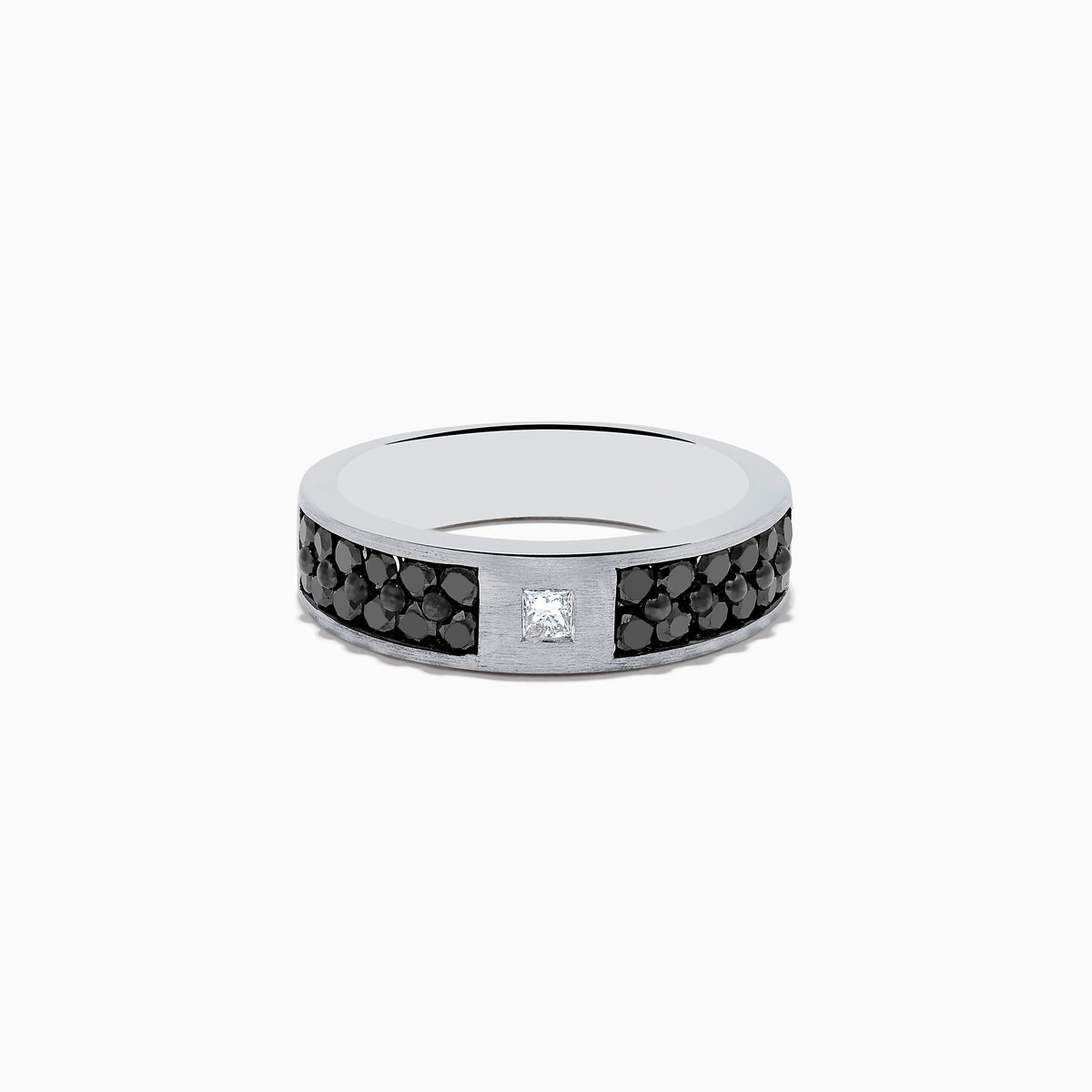 The 14K White Gold Mens Black and White Diamond Ring features a 1.15 TCW square white diamond center, accented by small round black stones along the silver band for a bold black-and-white contrast.