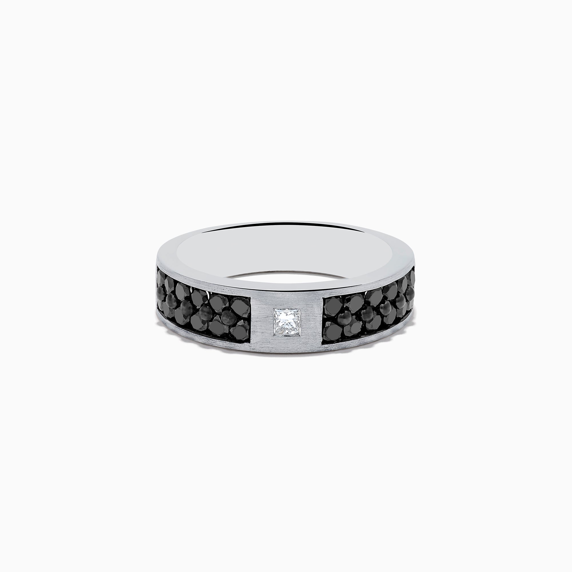 The 14K White Gold Mens Black and White Diamond Ring features a 1.15 TCW square white diamond center, accented by small round black stones along the silver band for a bold black-and-white contrast.