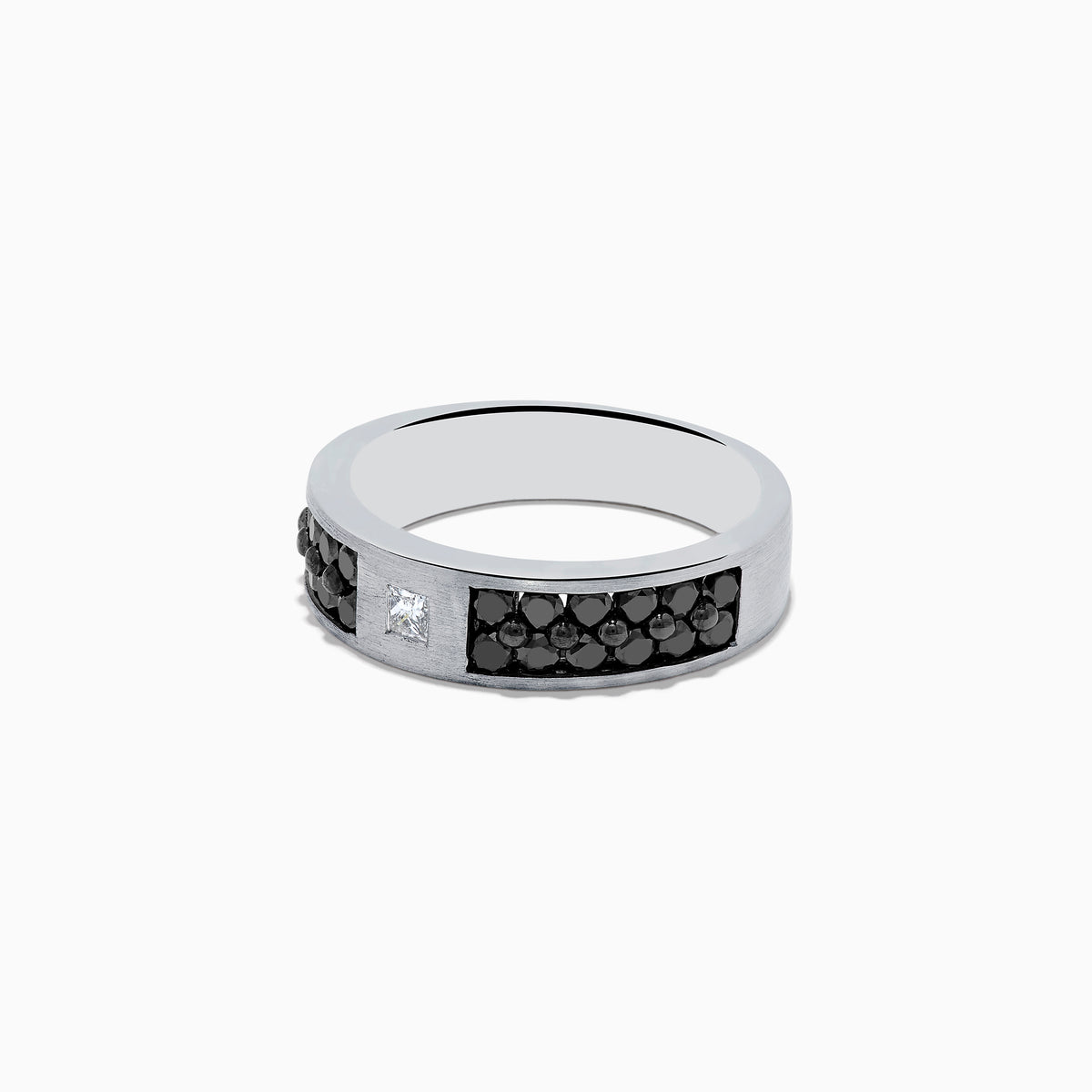 The 14K White Gold Mens Black and White Diamond Ring features a 1.15 TCW square white diamond center, accented by small round black stones along the silver band for a bold black-and-white contrast.