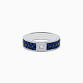Men’s 14K White Gold Blue Sapphire and Diamond Ring, 1.69 TCW, showcasing a row of blue sapphires on the band with a single square-cut diamond at the center.