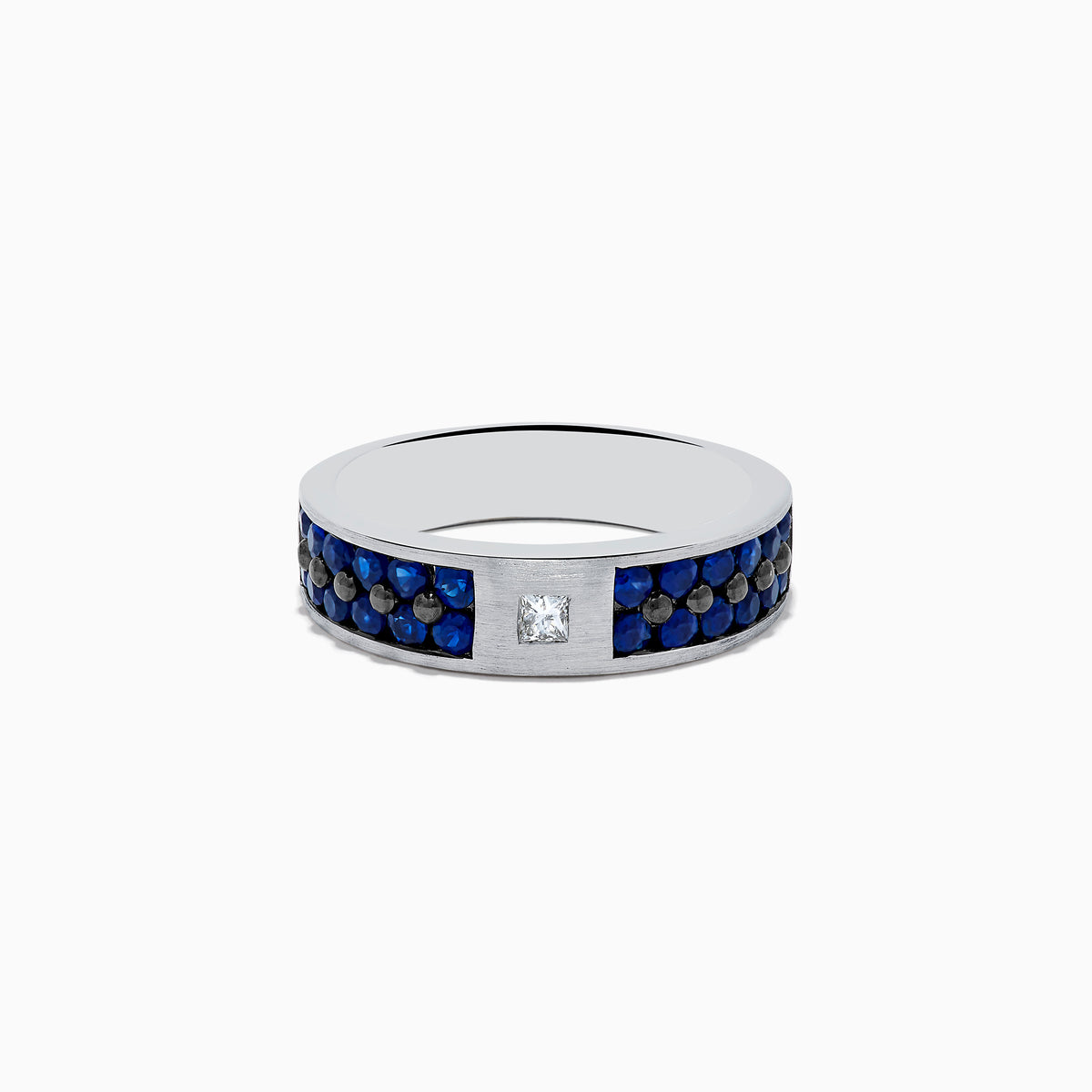 Men’s 14K White Gold Blue Sapphire and Diamond Ring, 1.69 TCW, showcasing a row of blue sapphires on the band with a single square-cut diamond at the center.