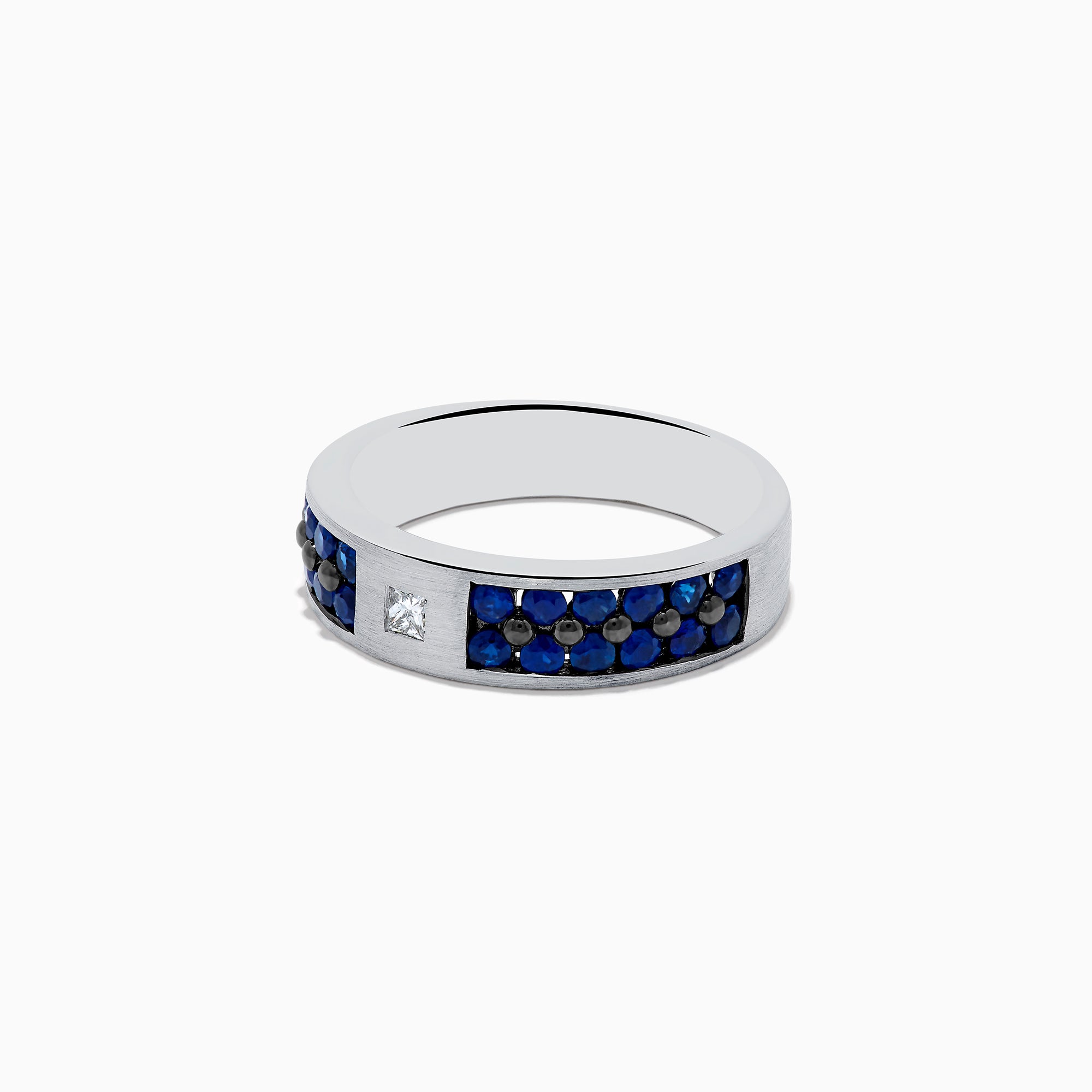 Men’s 14K White Gold Blue Sapphire and Diamond Ring, 1.69 TCW, showcasing a row of blue sapphires on the band with a single square-cut diamond at the center.