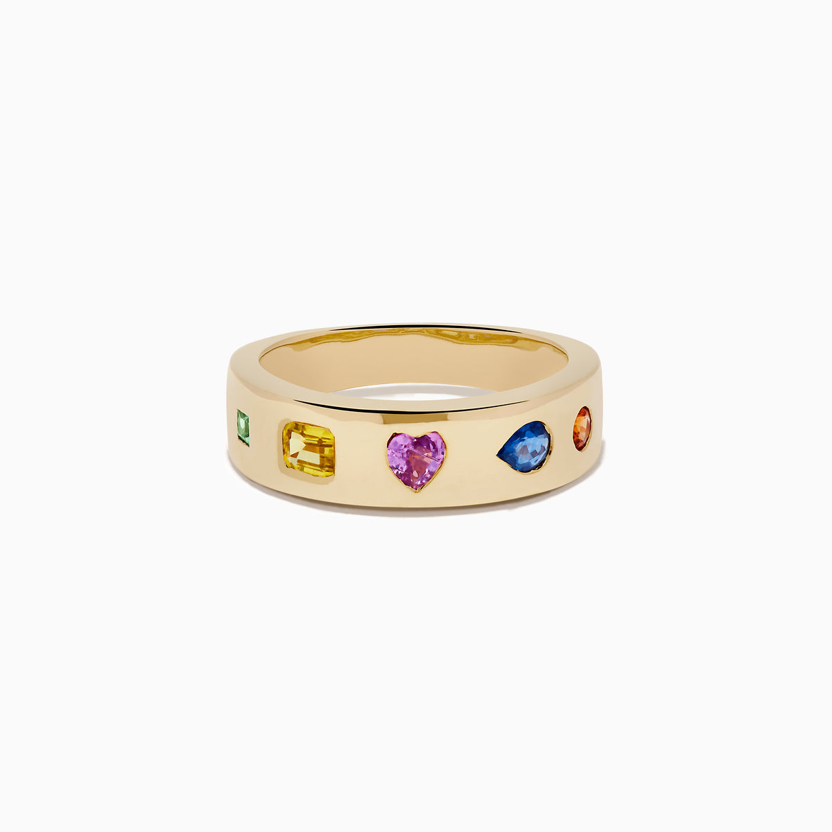 The Watercolors 14K Yellow Gold Multi Sapphire Wedding Band features five sapphires in square, rectangular, heart, oval, and round shapes set evenly around the band.