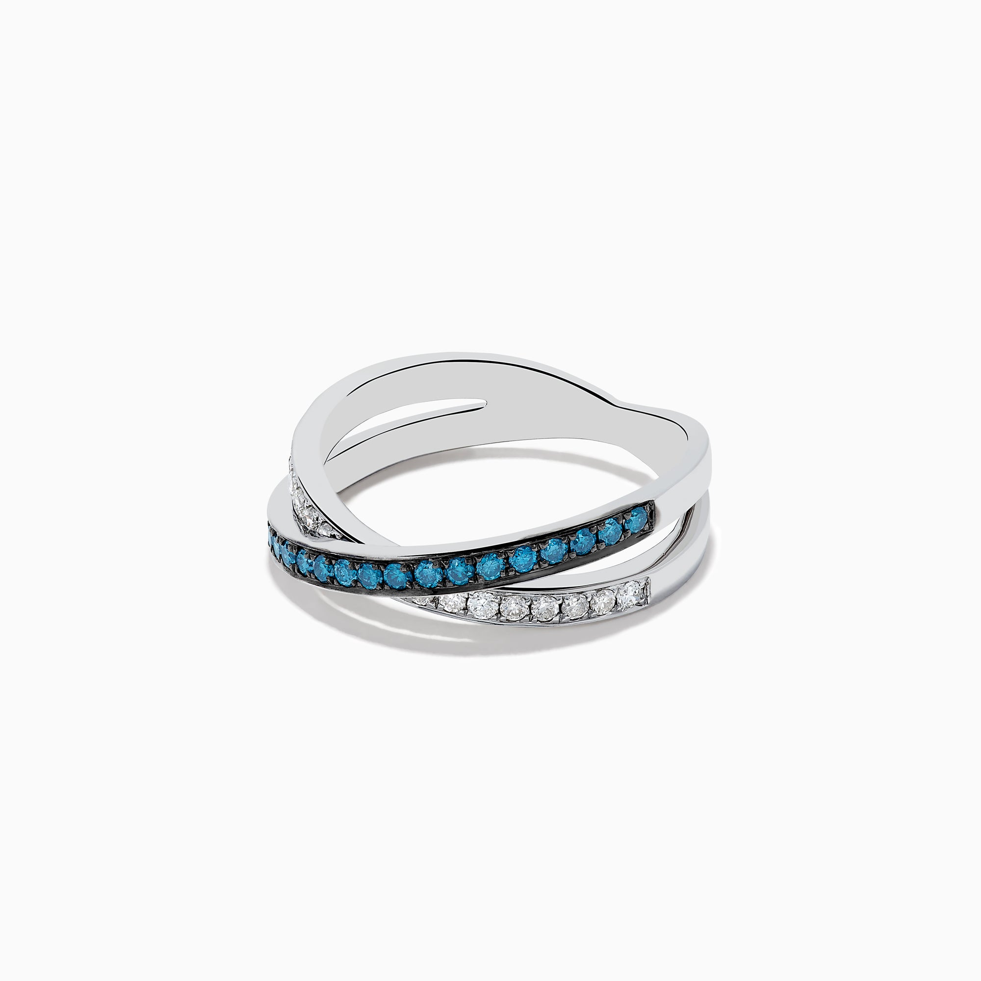 The Bella Bleu 14K White Gold Blue and White Diamond Ring, 0.57 TCW, showcases two crisscrossing bands—one with blue diamonds, the other with white—elegantly displayed against a plain white background.