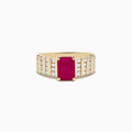 The Ruby Royale 14K Yellow Gold Ruby and Diamond Ring features a rectangular red ruby center, accented by three rows of small round diamonds on each side, all showcased against a white background.