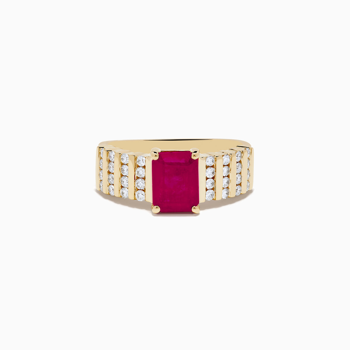 The Ruby Royale 14K Yellow Gold Ruby and Diamond Ring features a rectangular red ruby center, accented by three rows of small round diamonds on each side, all showcased against a white background.
