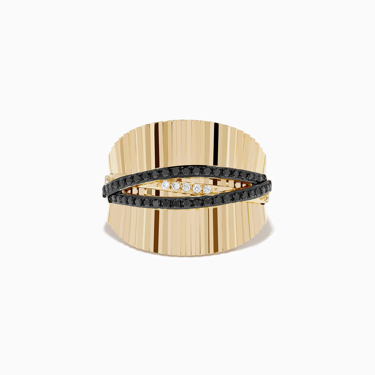 14K Yellow Gold Black and White Diamond Ribbed Crossover Pave Ring