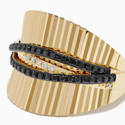14K Yellow Ribbed Gold Black and White Diamond Pave Crossover Ring