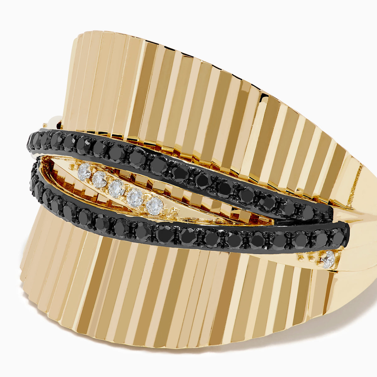 14K Yellow Ribbed Gold Black and White Diamond Pave Crossover Ring