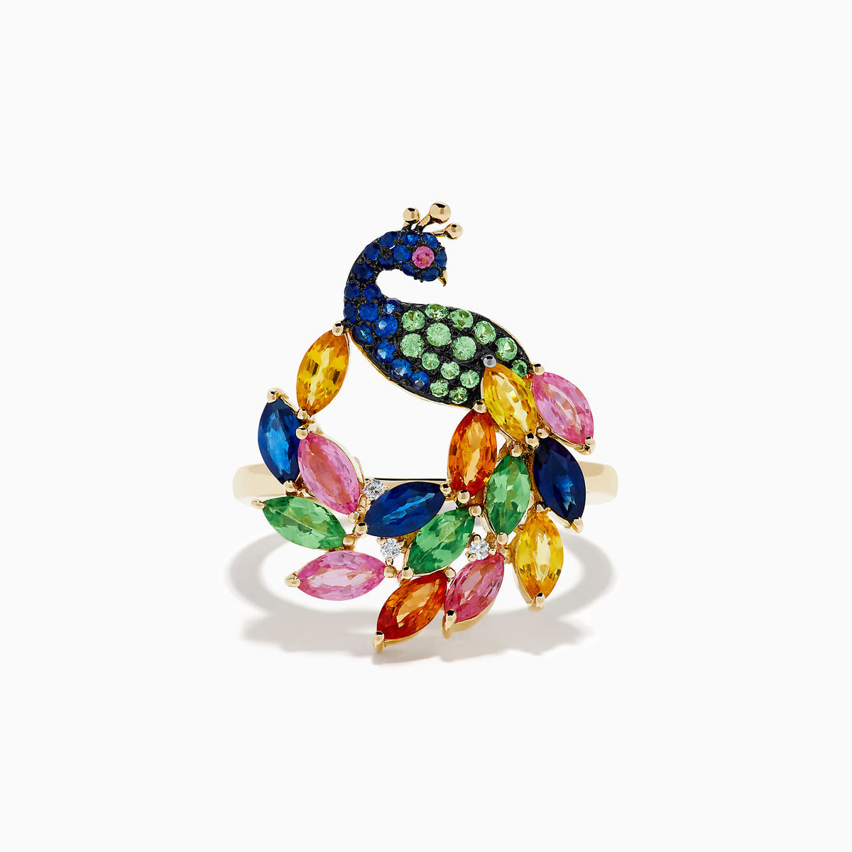 The Watercolors 14K Yellow Gold Multi Sapphire Peacock Ring features a vibrant peacock design with blue, green, pink, yellow, and orange sapphires, capturing the beauty of the bird’s feathered tail against a crisp white background.
