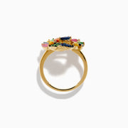 The Watercolors 14K Yellow Gold Multi Sapphire Peacock Ring features a vibrant peacock design with blue, green, pink, yellow, and orange sapphires, capturing the beauty of the bird’s feathered tail against a crisp white background.