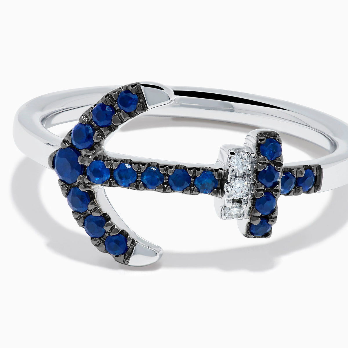 14K White Gold Blue Sapphire and Diamond Pavé Anchor Ring