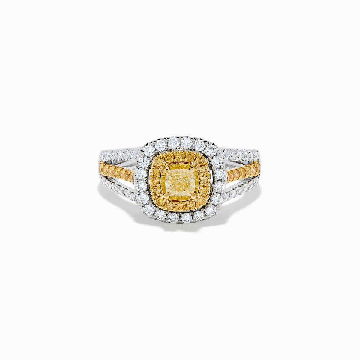 18K Yellow and White Gold Yellow and White Diamond Cushion-Cut Double Halo Split Shank Ring
