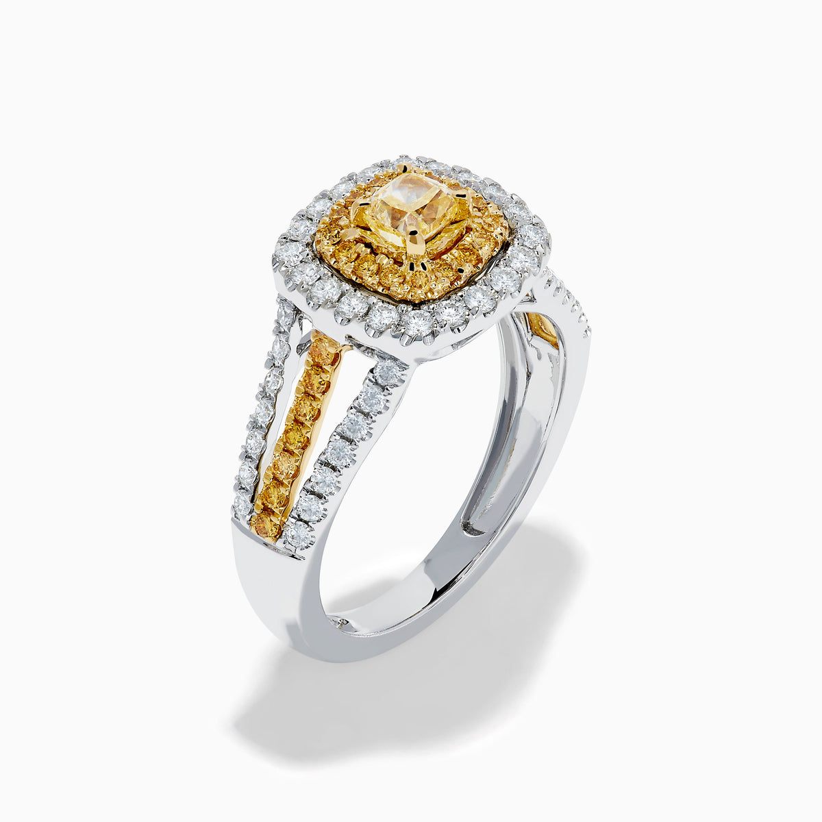 18K Two-Tone Gold Yellow and White Diamond Double Halo Split Shank Ring