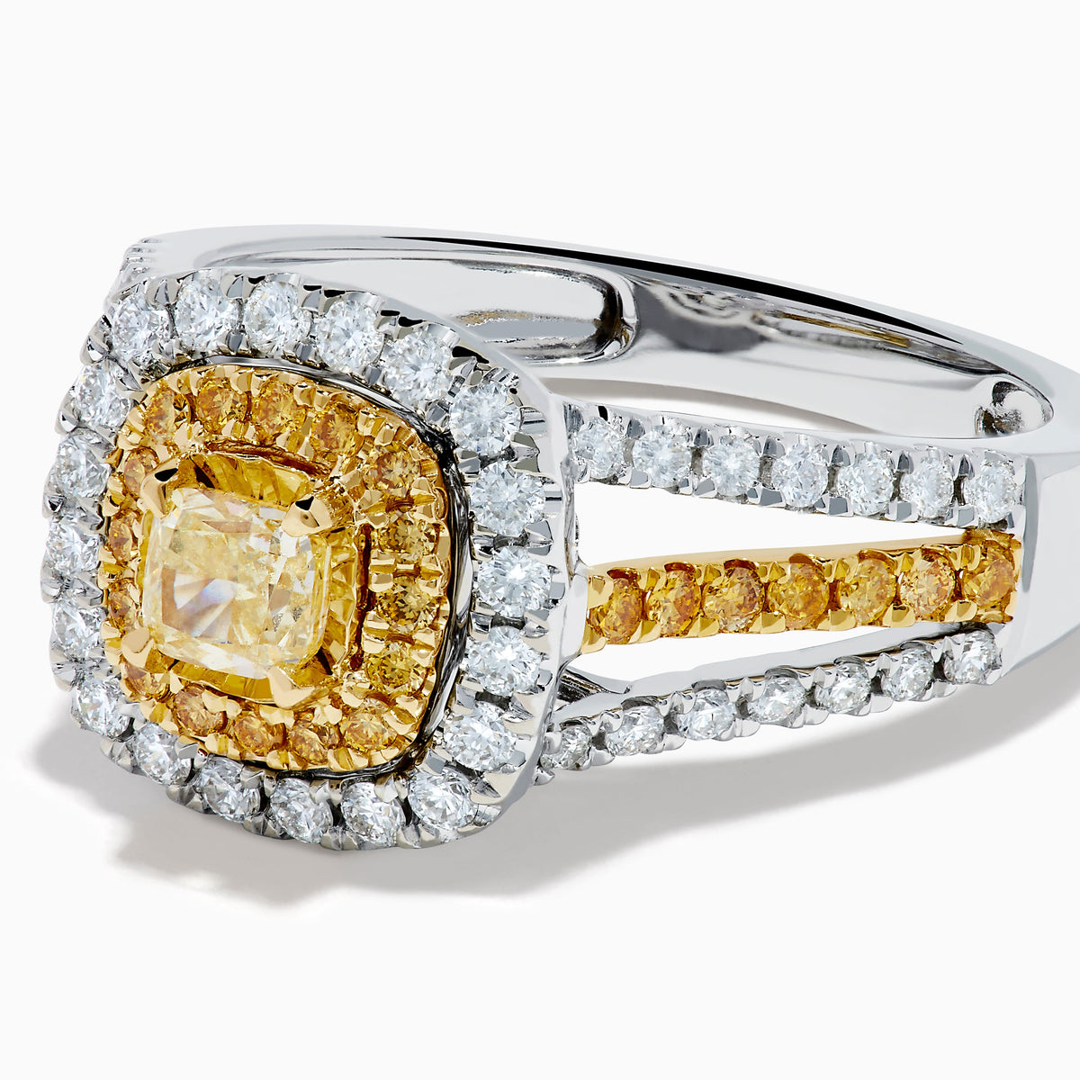 18K Two-Tone Gold Yellow and White Diamond Double Halo Split Shank Ring