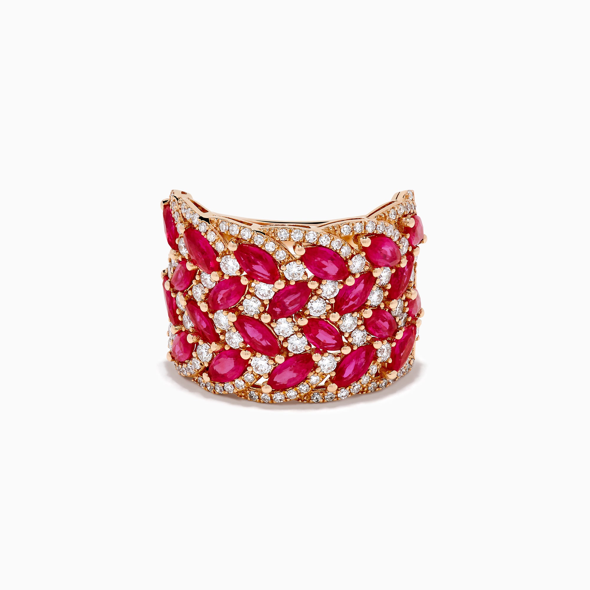 The 14K Rose Gold Marquise Ruby and Diamond Leaf Statement Ring showcases rows of marquise rubies and round white diamonds in an intricate overlapping leaf design.