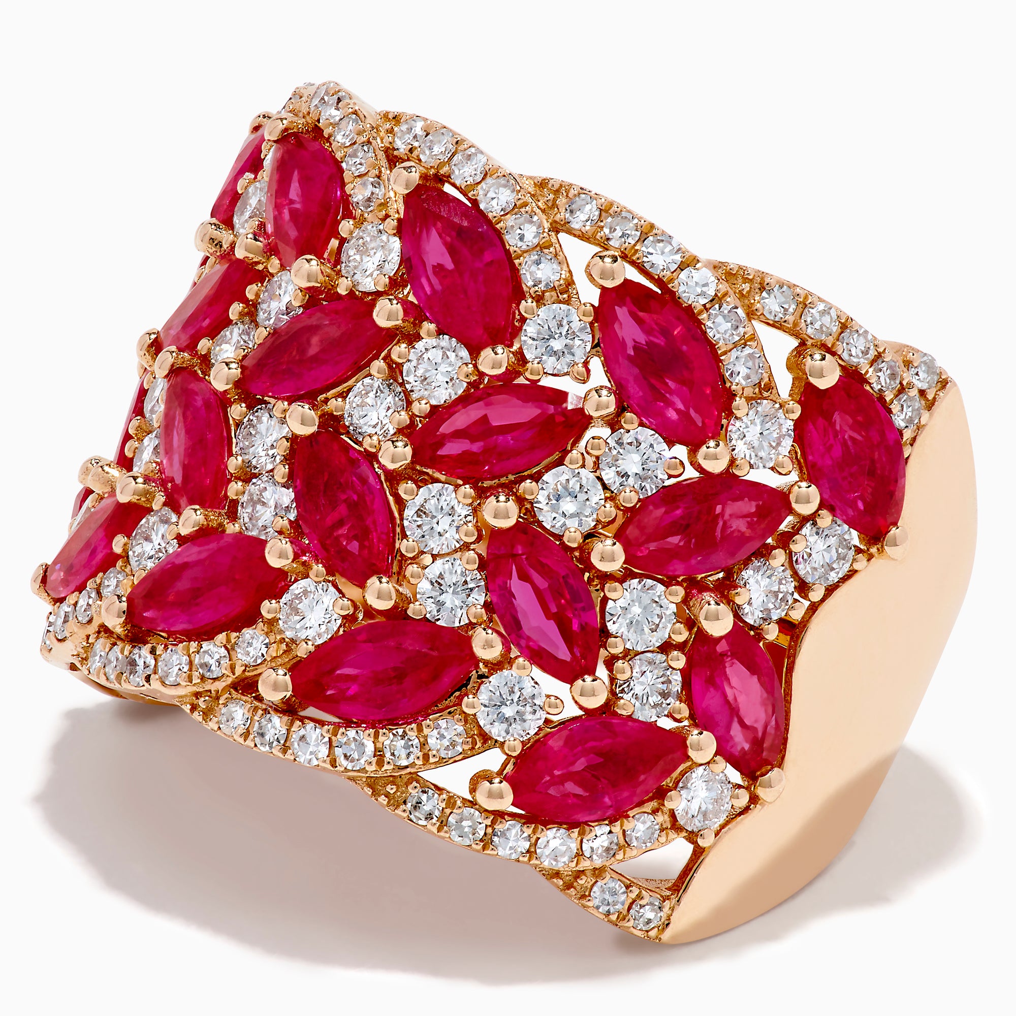 The 14K Rose Gold Marquise Ruby and Diamond Leaf Statement Ring showcases rows of marquise rubies and round white diamonds in an intricate overlapping leaf design.