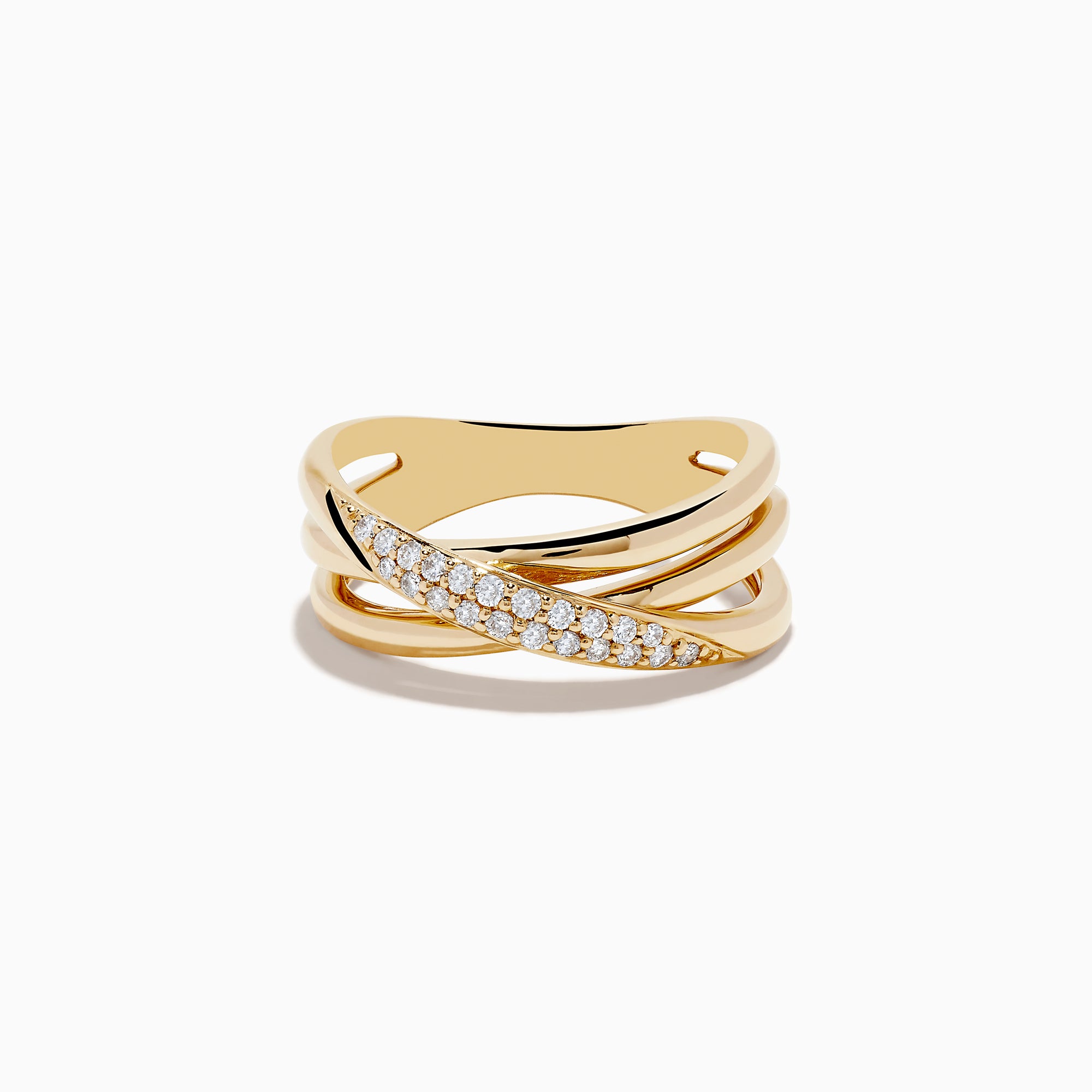 The DOro 14K Yellow Gold Diamond Crossover Ring features three overlapping bands, with one band sparkling with 0.18 TCW of round diamonds, shown against a plain white background.