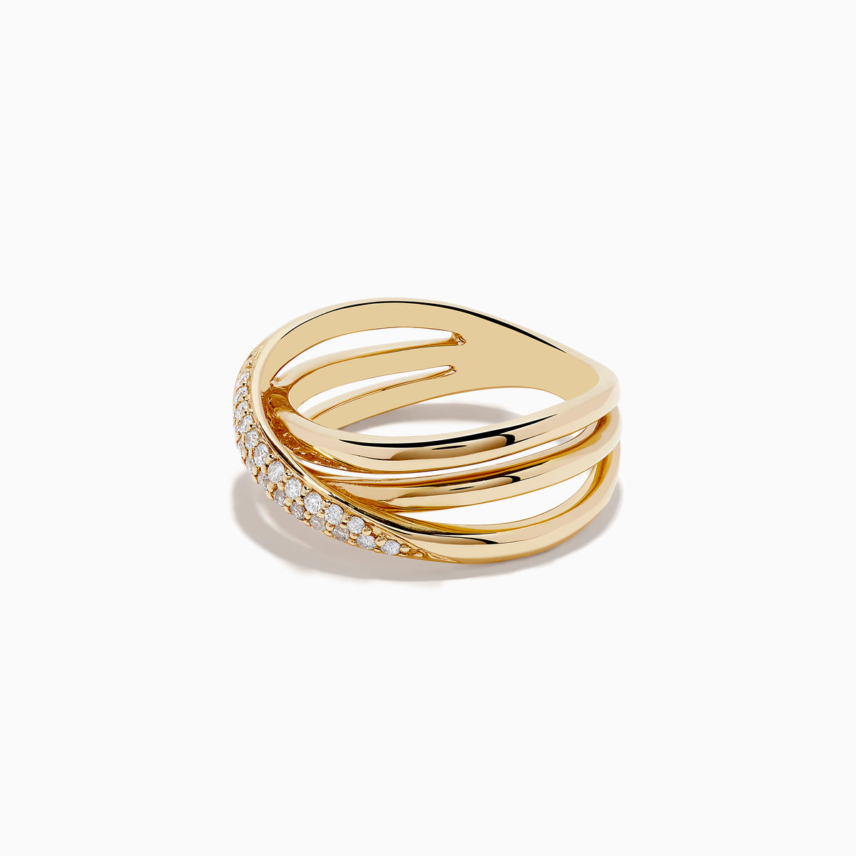 The DOro 14K Yellow Gold Diamond Crossover Ring features three overlapping bands, with one band sparkling with 0.18 TCW of round diamonds, shown against a plain white background.