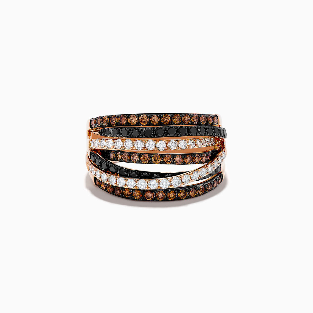 The Confetti 14K Rose Gold Black, White and Espresso Diamond Ring dazzles with a 1.36 TCW of multicolored diamonds in intertwining rows on a rose gold band.