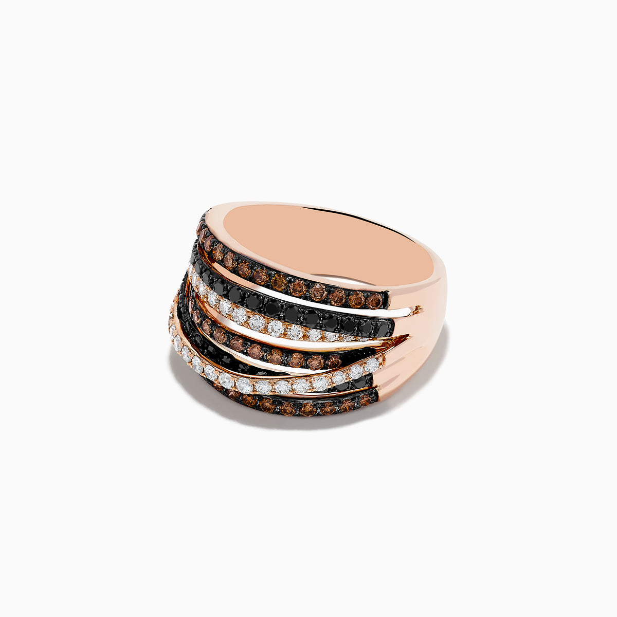 The Confetti 14K Rose Gold Black, White and Espresso Diamond Ring dazzles with a 1.36 TCW of multicolored diamonds in intertwining rows on a rose gold band.