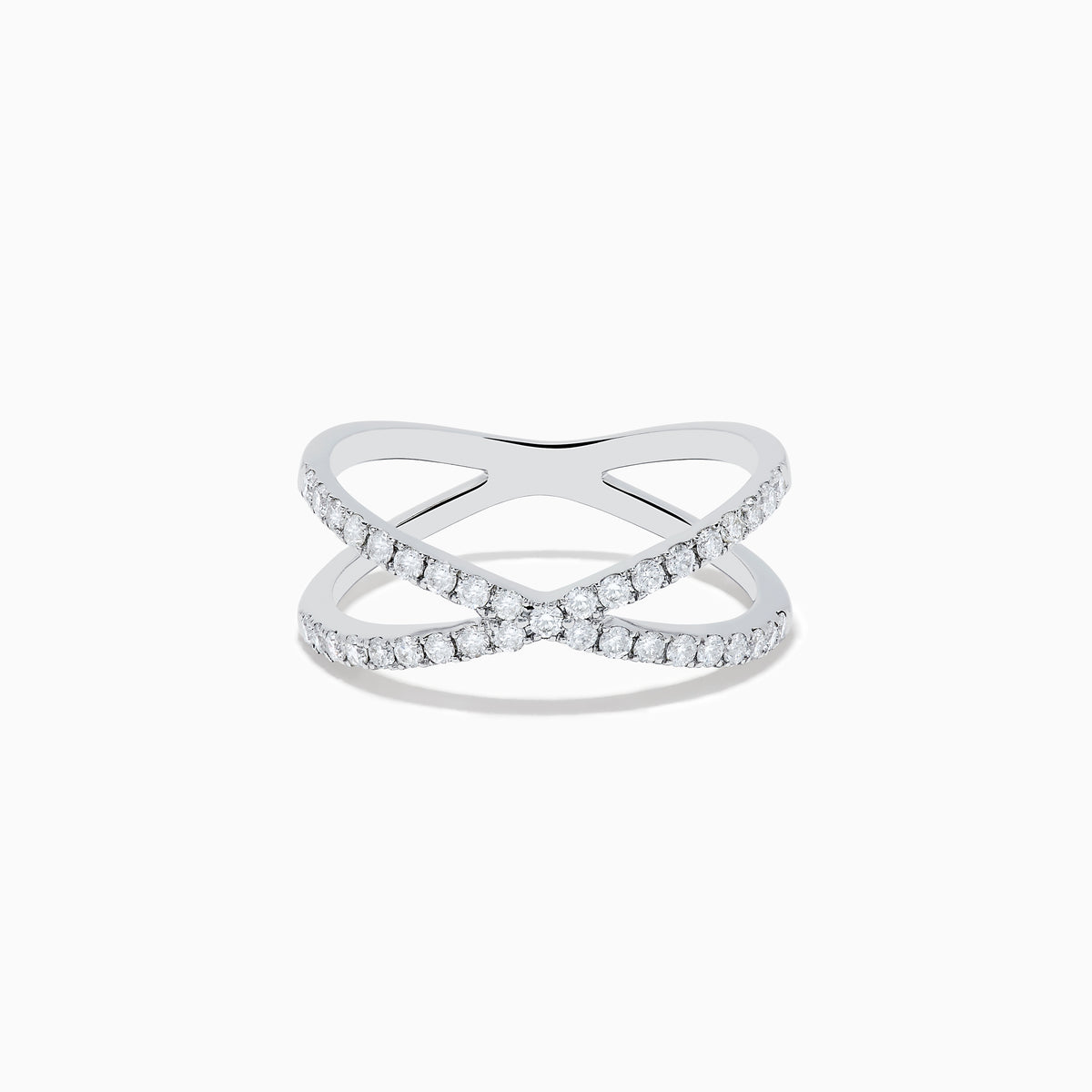 The Pave Classica 14K White Gold Diamond Criss Cross Ring, 0.40 TCW, showcases two intersecting diamond-studded bands for a modern and elegant X-shaped design.