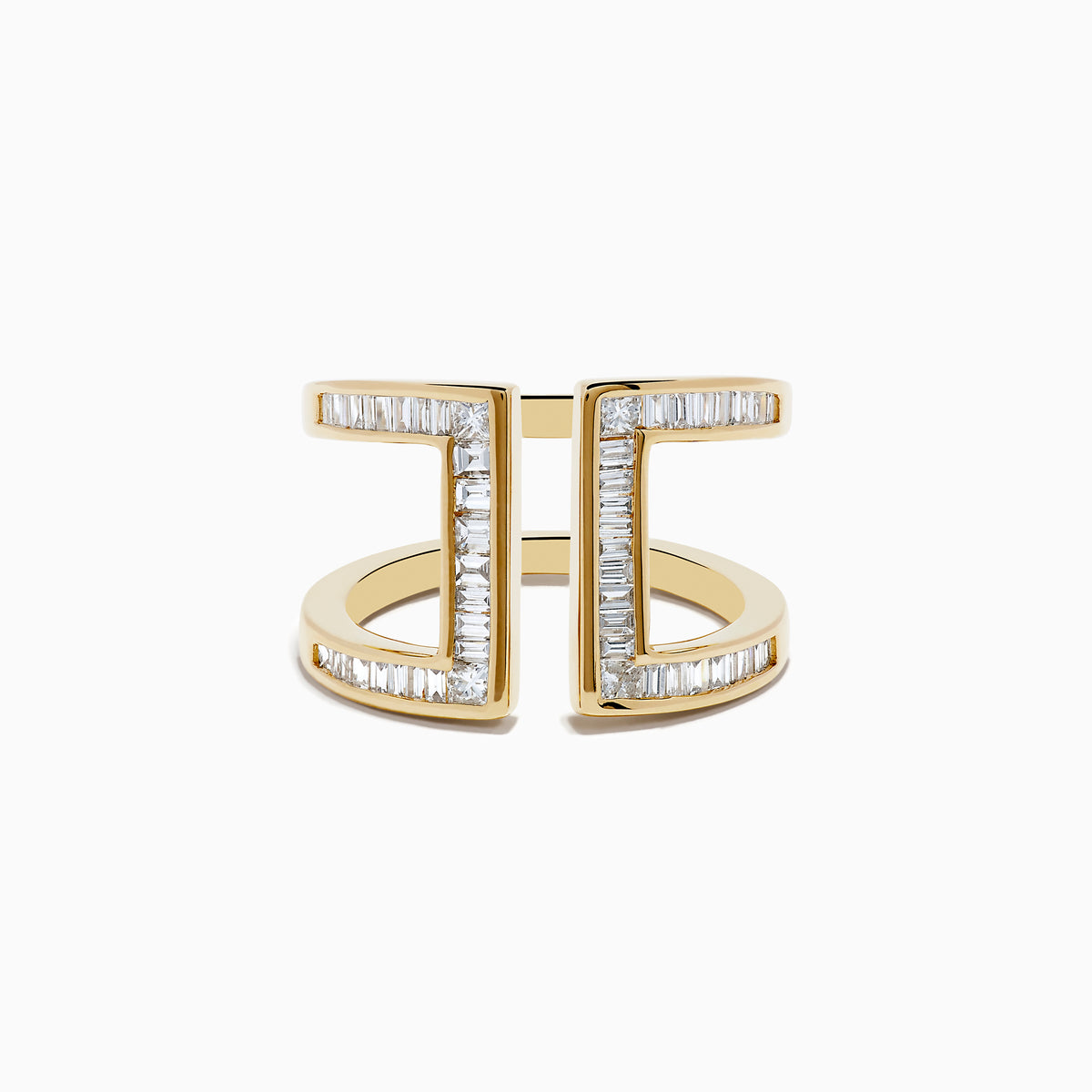 The DOro 14K Yellow Gold Diamond Open Shank Ring, 0.82 TCW, features an open front design with two parallel vertical bars accented by diamonds for a striking, modern look.