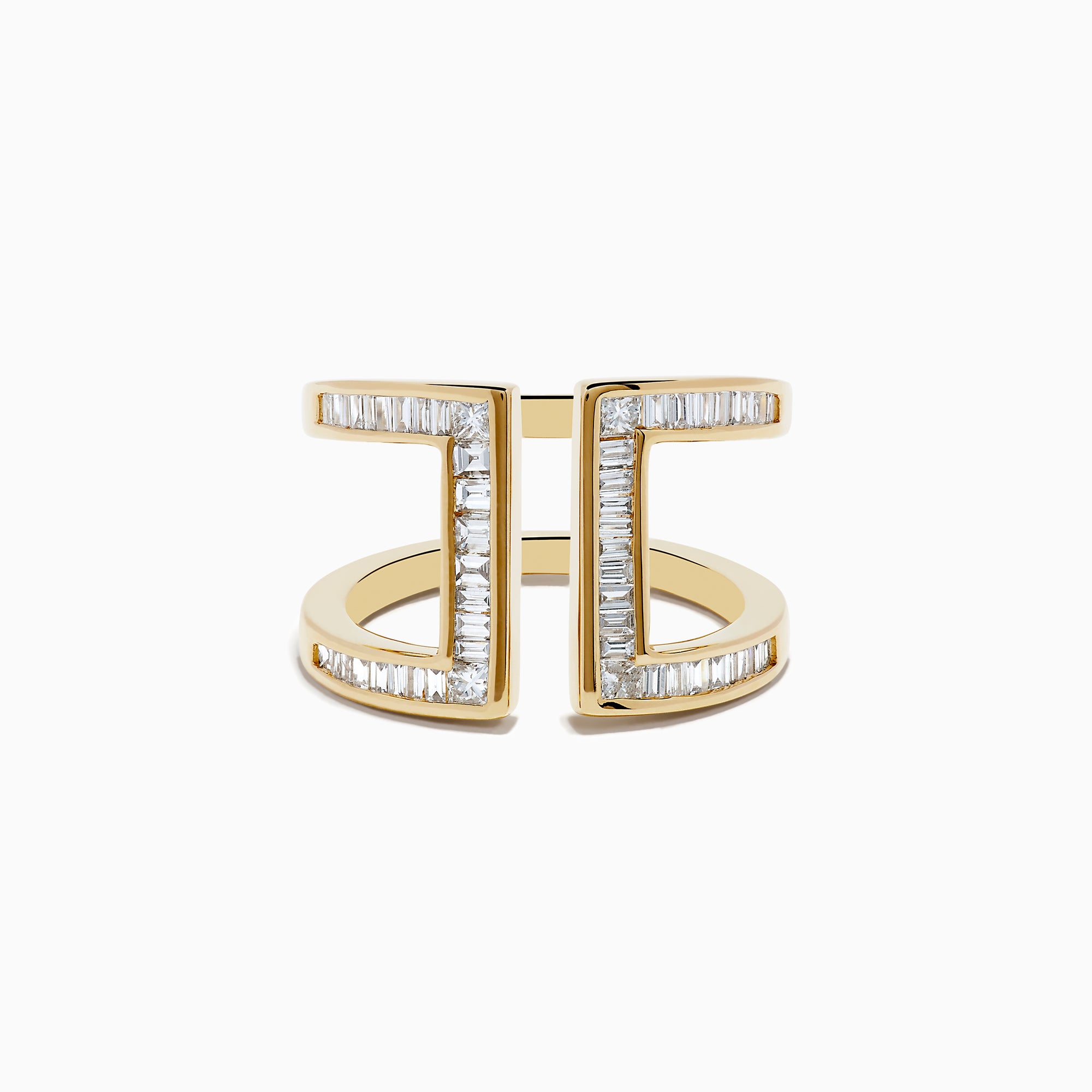The DOro 14K Yellow Gold Diamond Open Shank Ring, 0.82 TCW, features an open front design with two parallel vertical bars accented by diamonds for a striking, modern look.