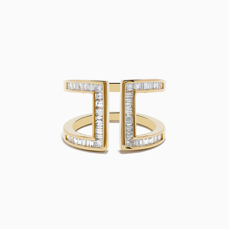 The DOro 14K Yellow Gold Diamond Open Shank Ring, 0.82 TCW, features an open front design with two parallel vertical bars accented by diamonds for a striking, modern look.