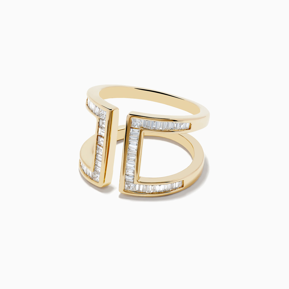 The DOro 14K Yellow Gold Diamond Open Shank Ring, 0.82 TCW, features an open front design with two parallel vertical bars accented by diamonds for a striking, modern look.