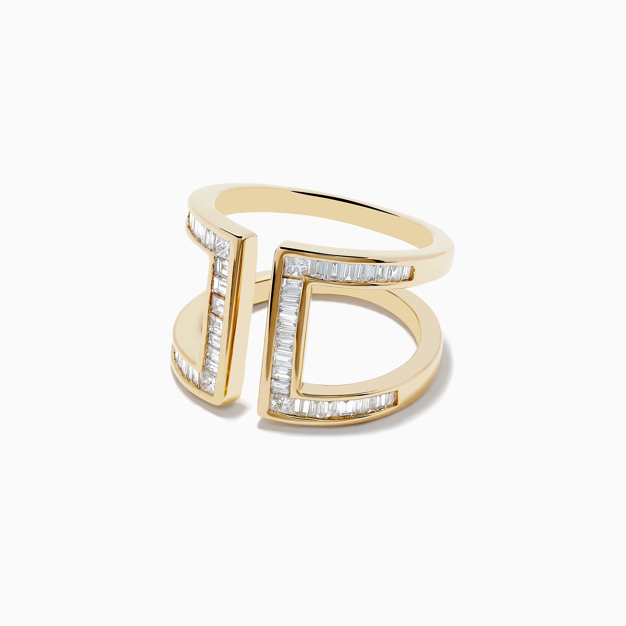 The DOro 14K Yellow Gold Diamond Open Shank Ring, 0.82 TCW, features an open front design with two parallel vertical bars accented by diamonds for a striking, modern look.