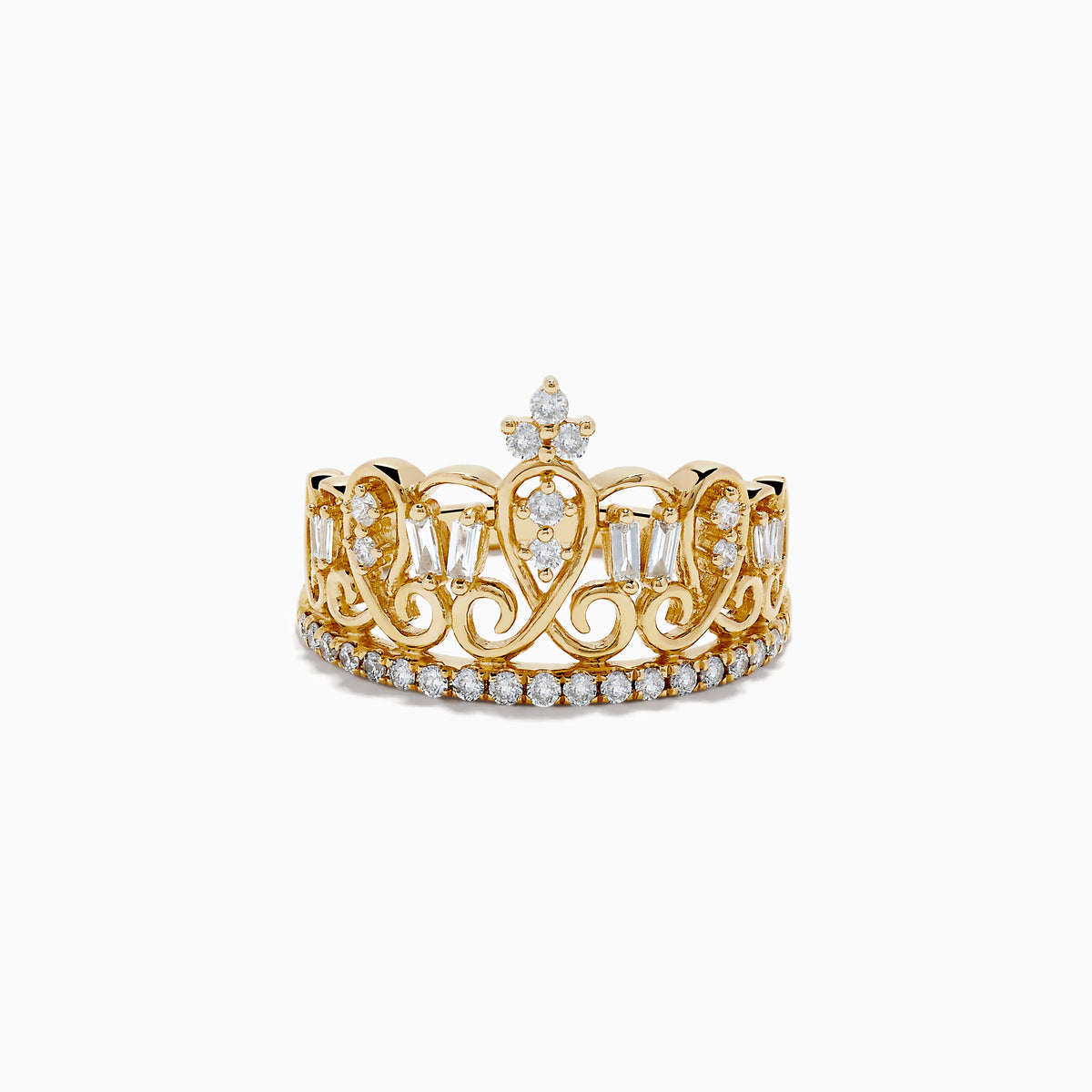 The DOro 14K Yellow Gold Diamond Accented Crown Ring, 0.41 TCW, features ornate scrollwork, baguette and round diamond accents, and a central cluster of diamonds forming a delicate tiara design.