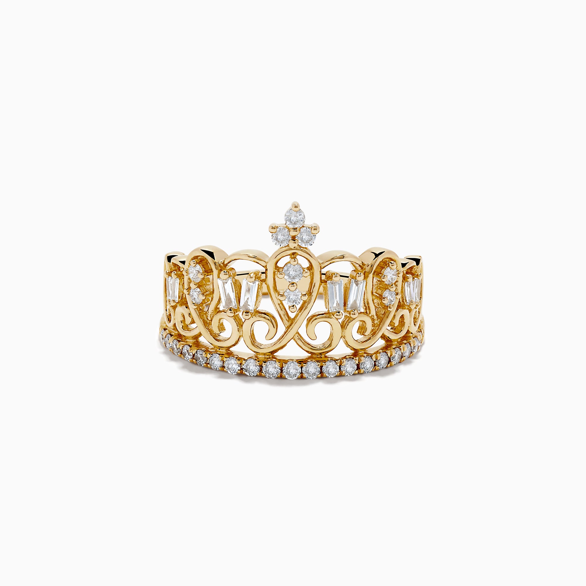 The DOro 14K Yellow Gold Diamond Accented Crown Ring, 0.41 TCW, features ornate scrollwork, baguette and round diamond accents, and a central cluster of diamonds forming a delicate tiara design.