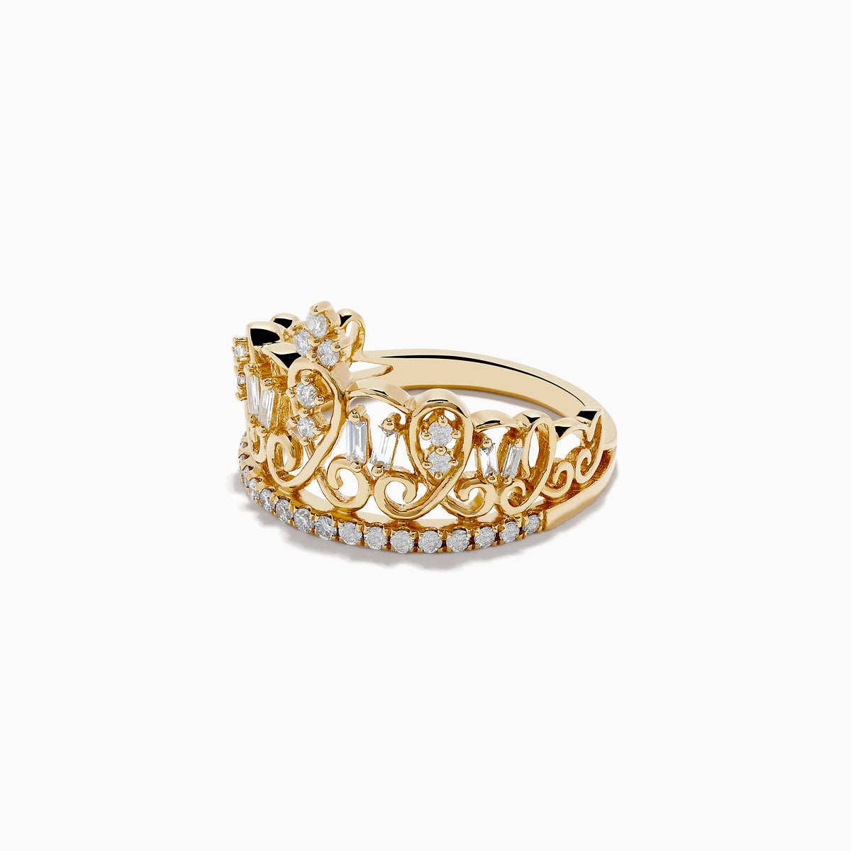 The DOro 14K Yellow Gold Diamond Accented Crown Ring, 0.41 TCW, features ornate scrollwork, baguette and round diamond accents, and a central cluster of diamonds forming a delicate tiara design.