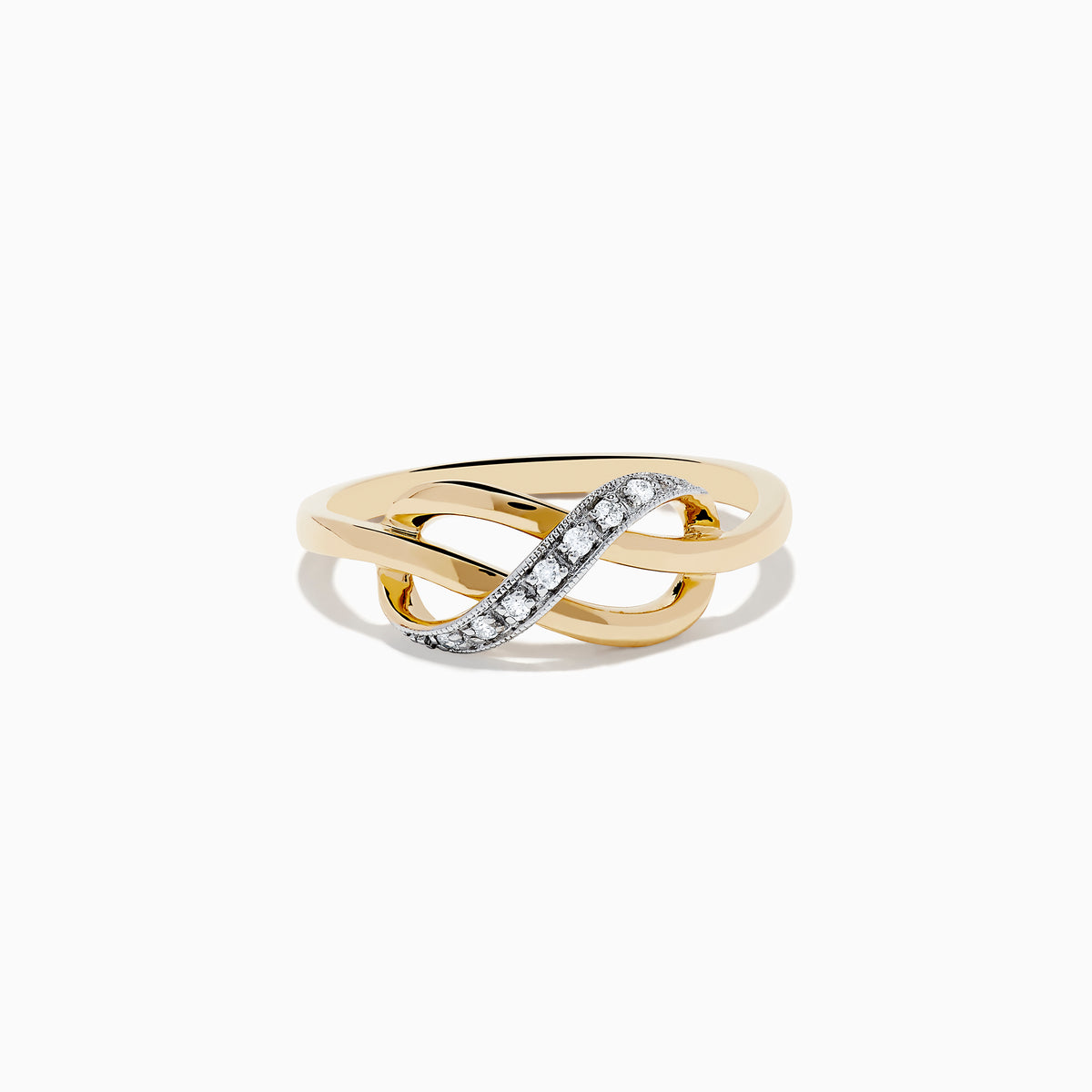 The Novelty 14K Yellow Gold Diamond Infinity Knot Ring, 0.05 TCW, features interlocking loops with a diamond-encrusted curve on the front and is shown against a white background.