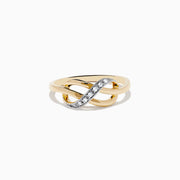 The Novelty 14K Yellow Gold Diamond Infinity Knot Ring, 0.05 TCW, features interlocking loops with a diamond-encrusted curve on the front and is shown against a white background.