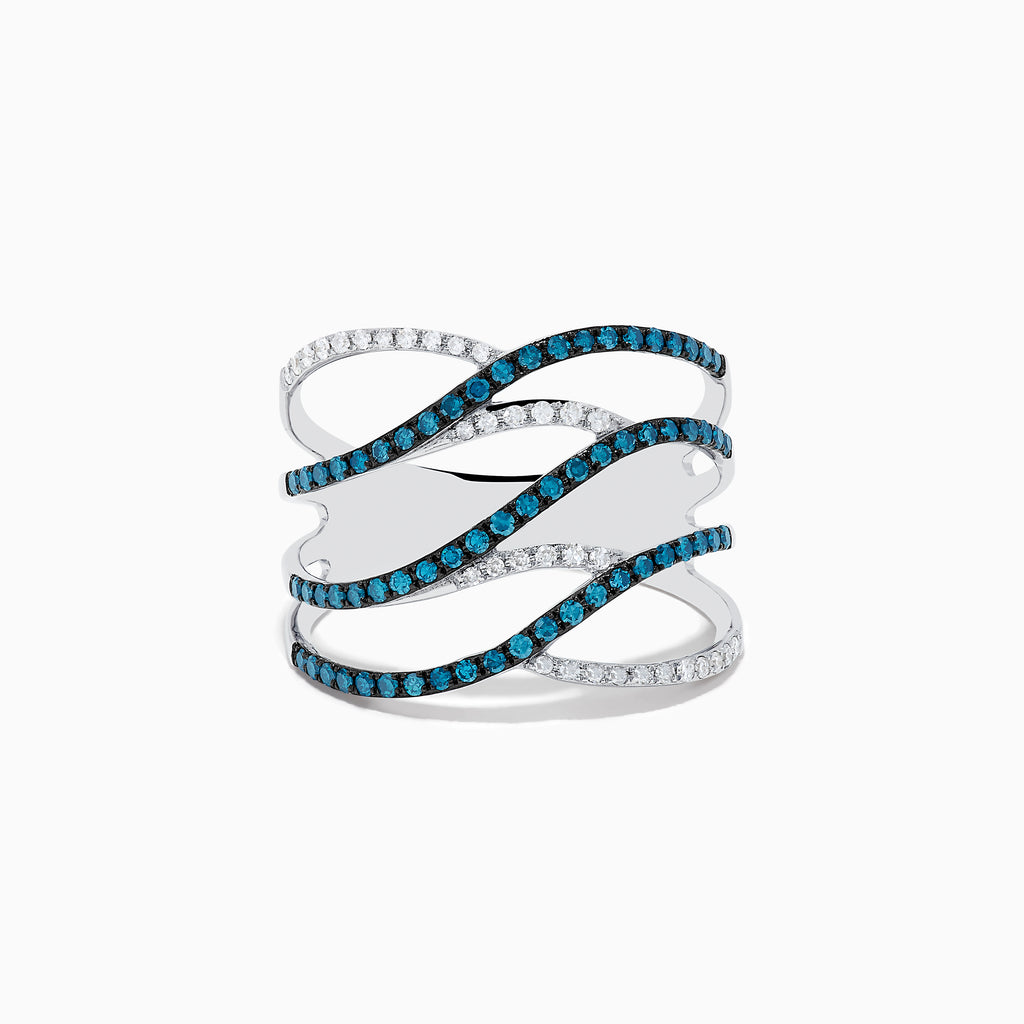 The Bella Bleu 14K White Gold Blue and White Diamond Ring, 0.47 TCW, features four wavy, interlaced bands—two with blue diamonds and two with white diamonds—elegantly set against a plain white background.