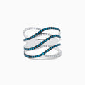 The Bella Bleu 14K White Gold Blue and White Diamond Ring, 0.47 TCW, features four wavy, interlaced bands—two with blue diamonds and two with white diamonds—elegantly set against a plain white background.