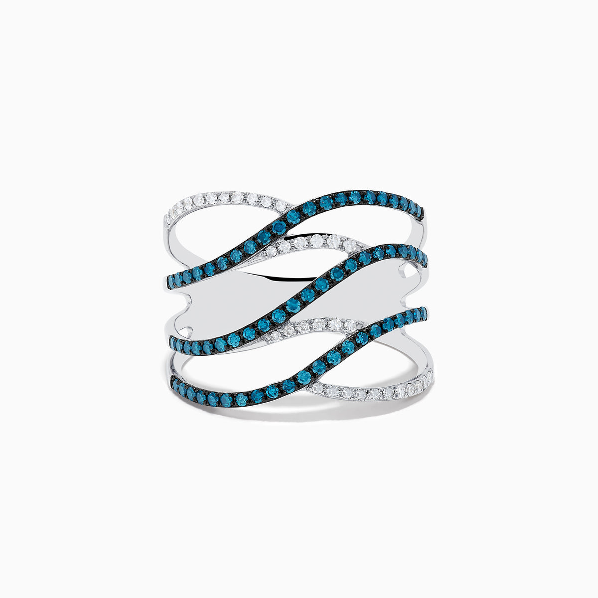 The Bella Bleu 14K White Gold Blue and White Diamond Ring, 0.47 TCW, features four wavy, interlaced bands—two with blue diamonds and two with white diamonds—elegantly set against a plain white background.