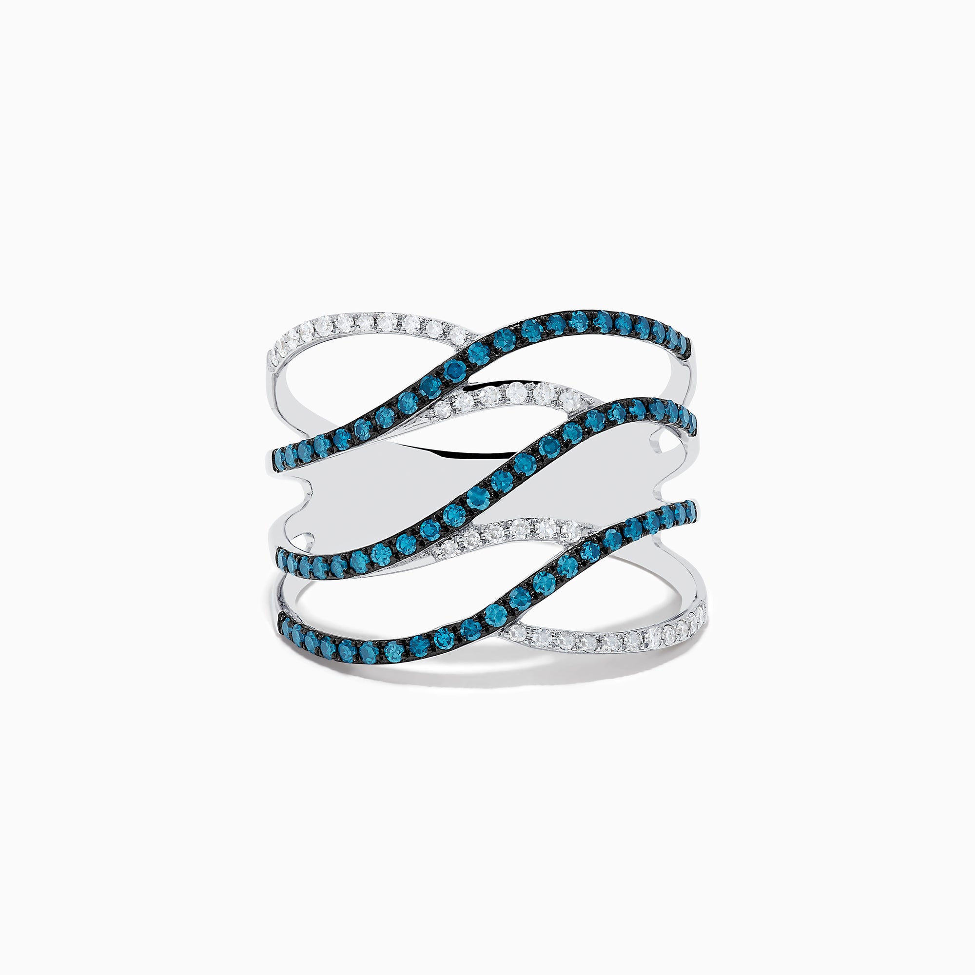 The Bella Bleu 14K White Gold Blue and White Diamond Ring, 0.47 TCW, features four wavy, interlaced bands—two with blue diamonds and two with white diamonds—elegantly set against a plain white background.