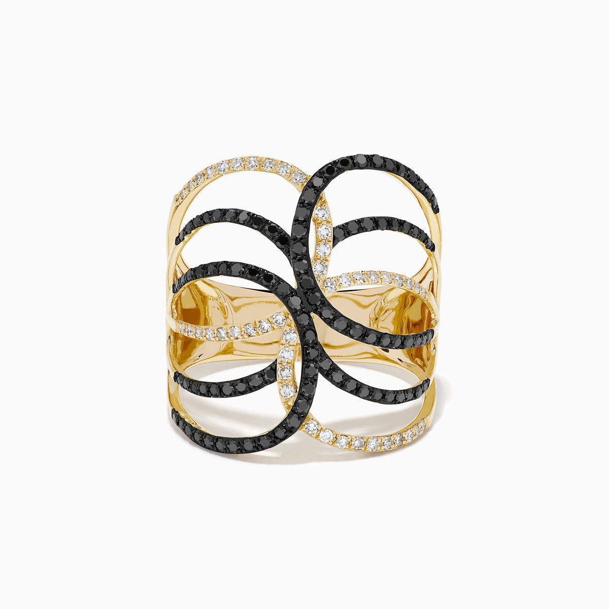 14K Yellow Gold Black and White Diamond Openwork Crossover Ring