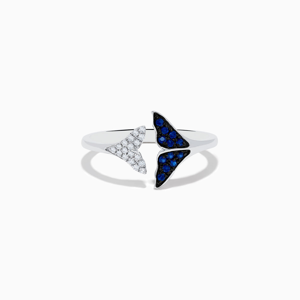 The Seaside 14K White Gold Sapphire and Diamond Whale Tails Ring (0.18 TCW) features two elegant tails, one adorned with diamonds and the other with sapphires, symbolizing oceanic grace.